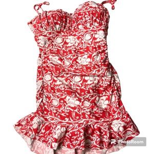 Kenneth Cole Medium One Piece Swimsuit Red & White Floral Ruffle Skirted Bottom